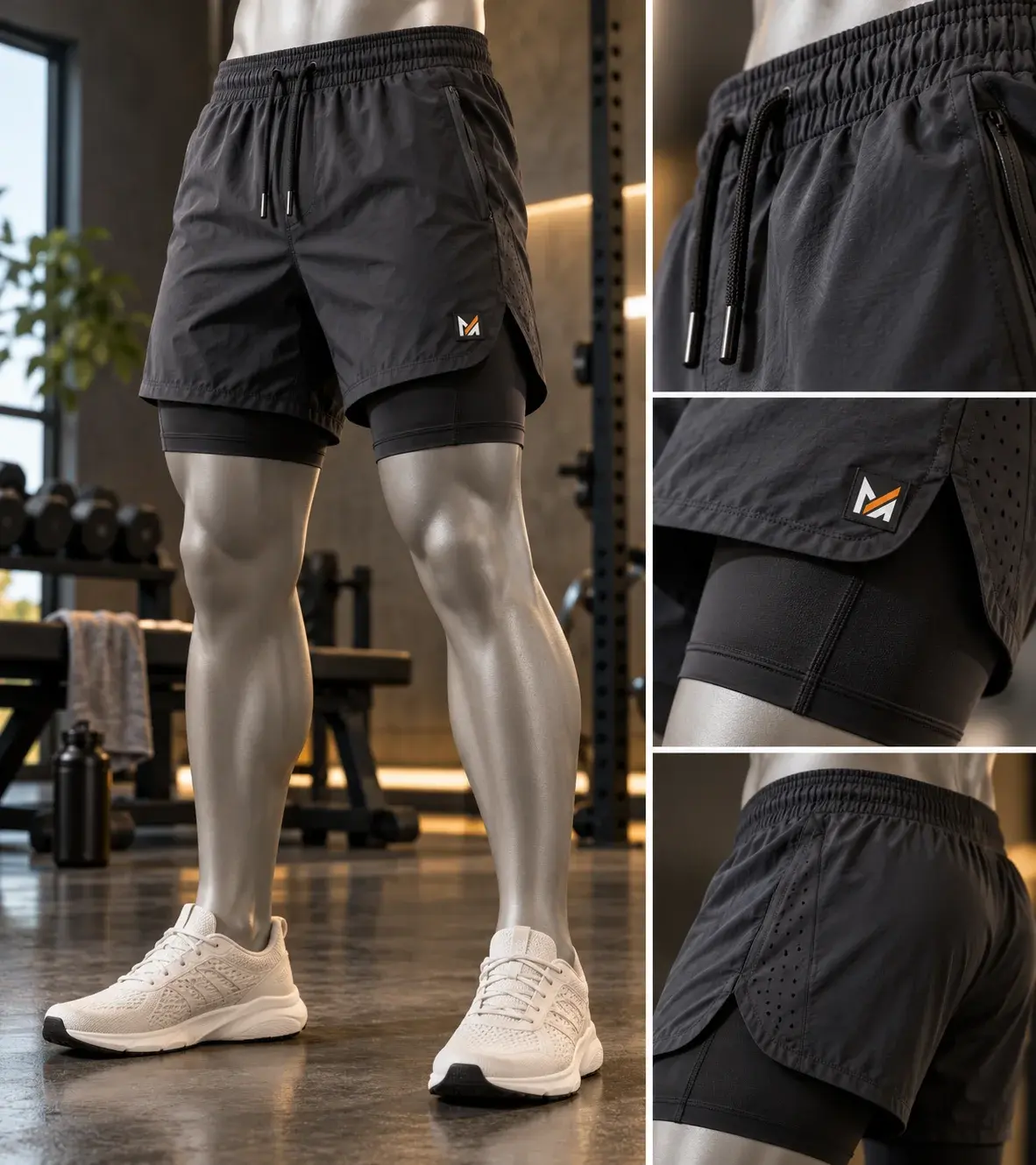 Charcoal black custom 2-in-1 athletic shorts displayed on a silver mannequin, featuring a built-in compression liner, elastic drawstring waistband, breathable side panels, and Mega Apparel logo, with close-up views of fabric and stitching details.